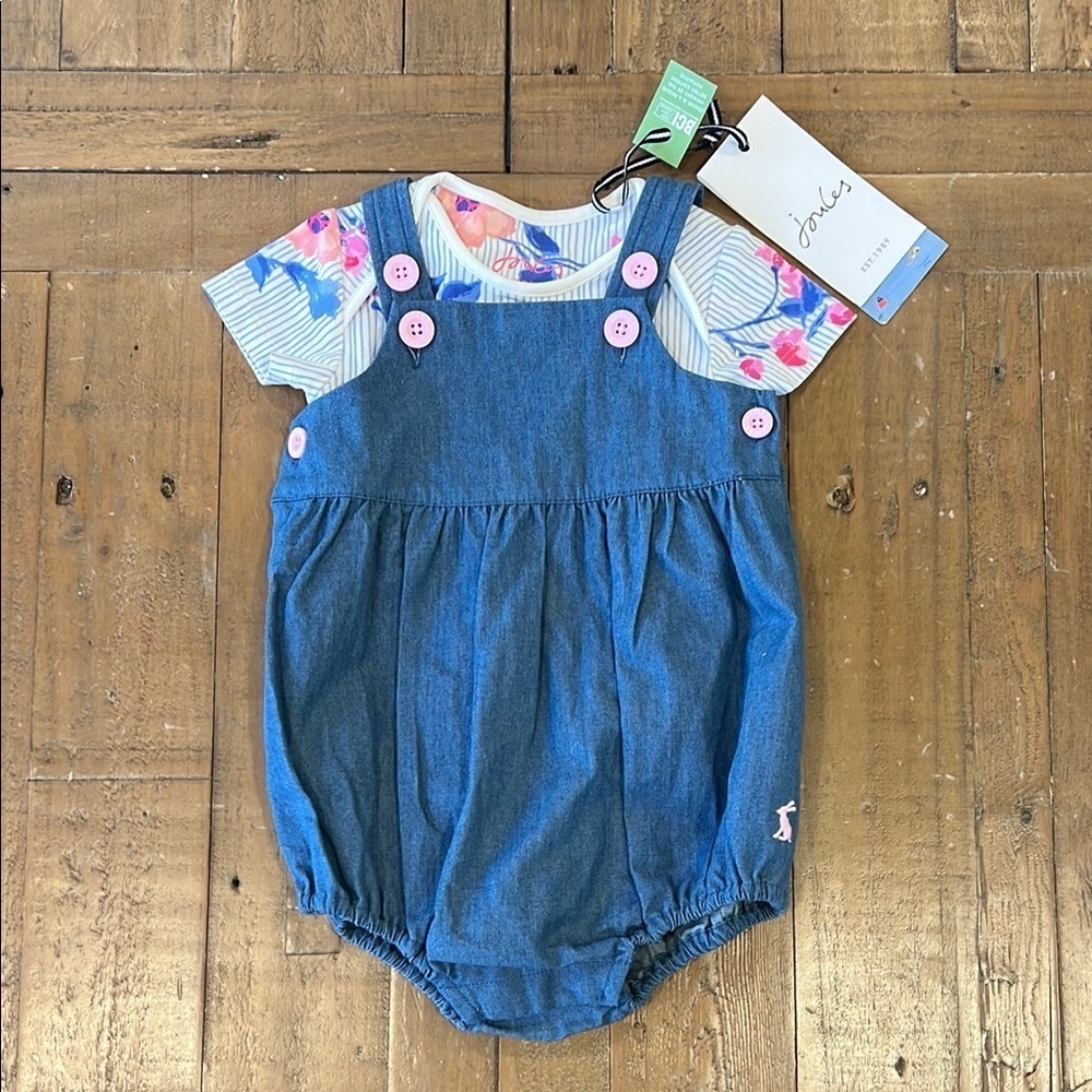 Joules linney chambray floral short sleeve tee romper set nwt